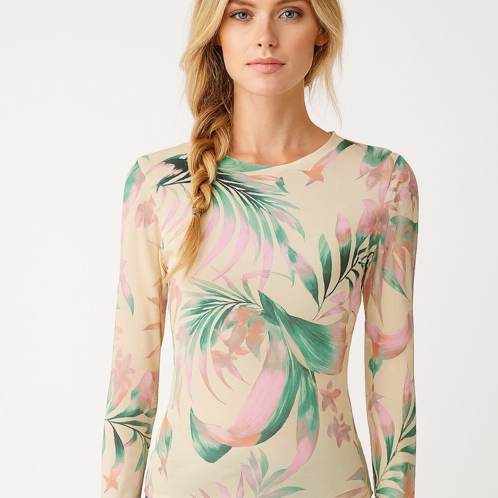 AFRM Cream Floral Long-Sleeve Blouse with Green & Pink Palm Print